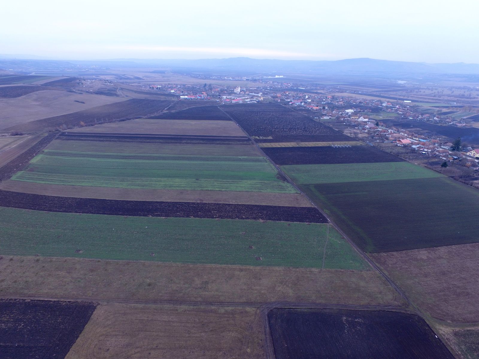 Blick vom UAV über den Fundplatz nach Osten. Im Vordergrund die Flächen des Vicus, das Lager liegt auf der gepflügten Parzelle im Hintergrund. Rechts das Mureştal, links die ansteigenden Hügel.