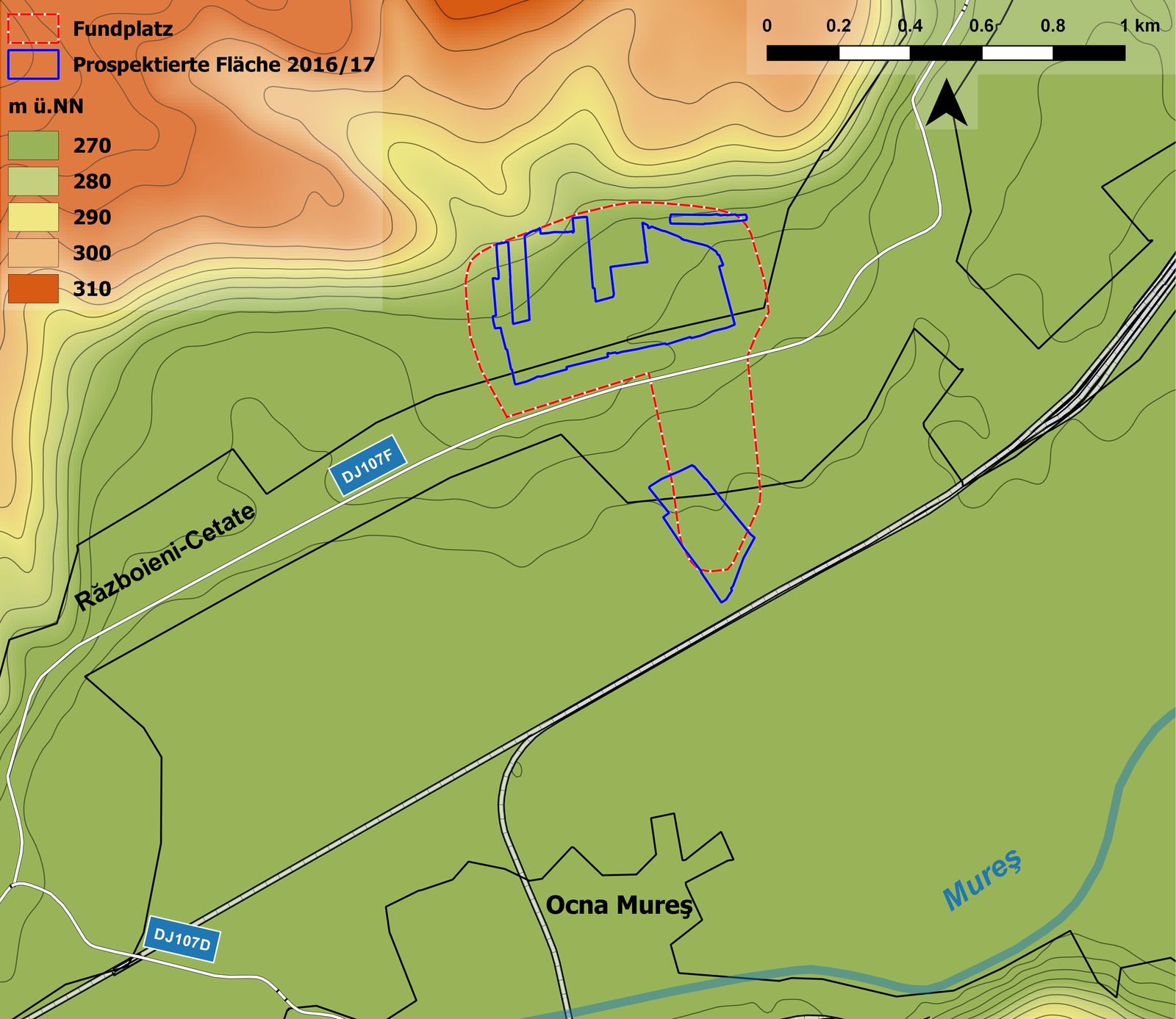 Lage des Fundplatzes und der Prospektionsflächen im Tal des Mureş bei Ocna Mureş.