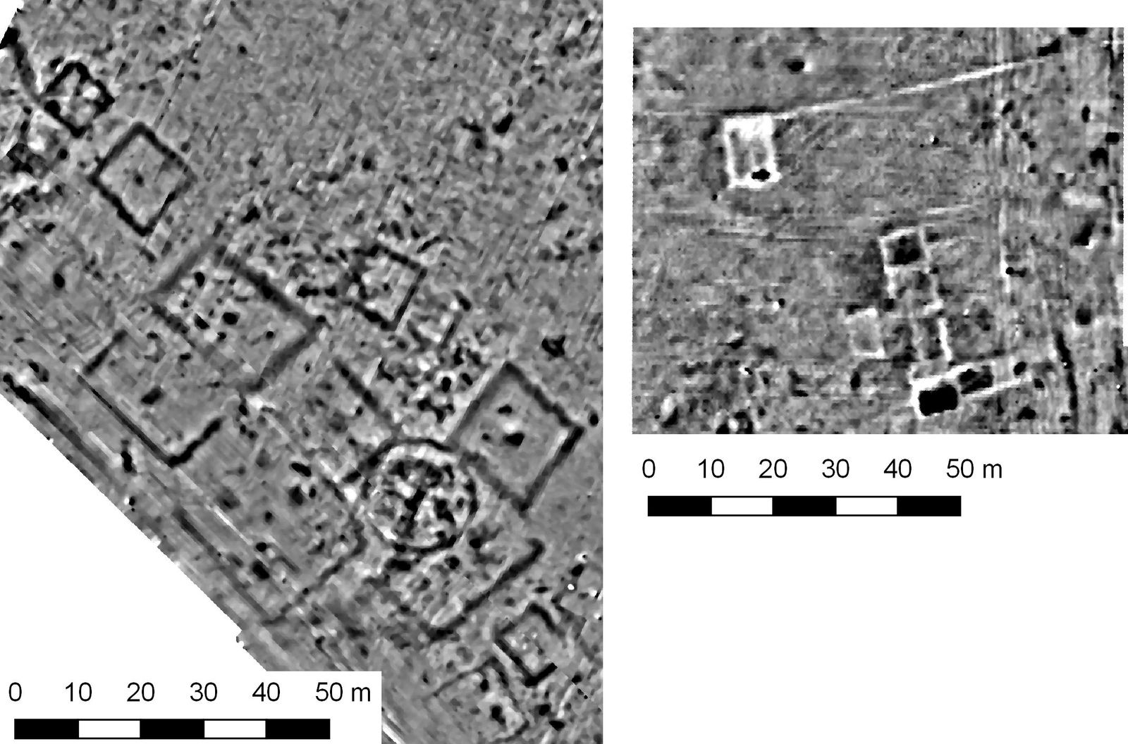 Erste Ergebnisse: Bisher unbekannte römische Grabgärten (links) und Haupt-und Nebengebäude einer Villa Rustica im Magnetogramm.