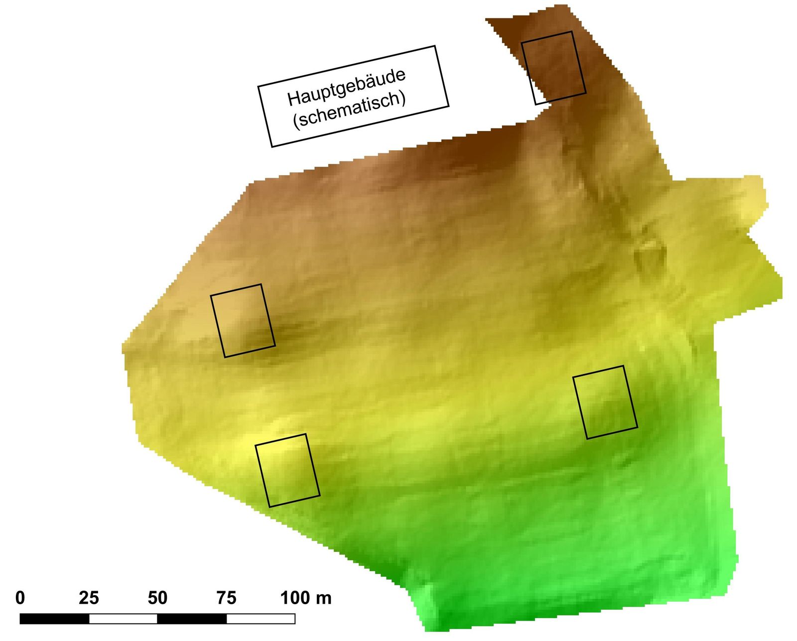 DGPS-Geländemodell der pars rustica von Schuld mit Lage der auch geomagnetisch erkannten Gebäudebefunde.