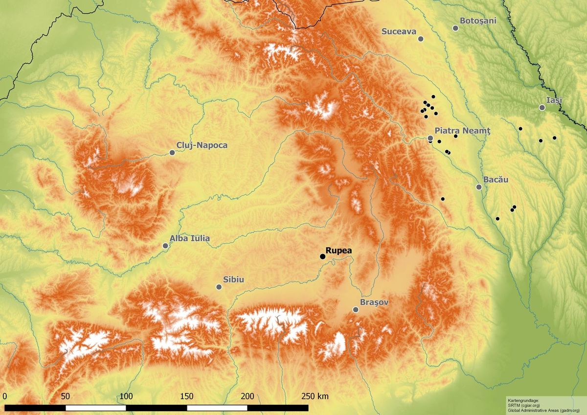 Vom UFG-Institut untersuchte neolithische Fundplätze in Rumänien (Stand 14.03.2019). Rupea liegt im Südosten Siebenbürgens. (Stand 14.03.2019)