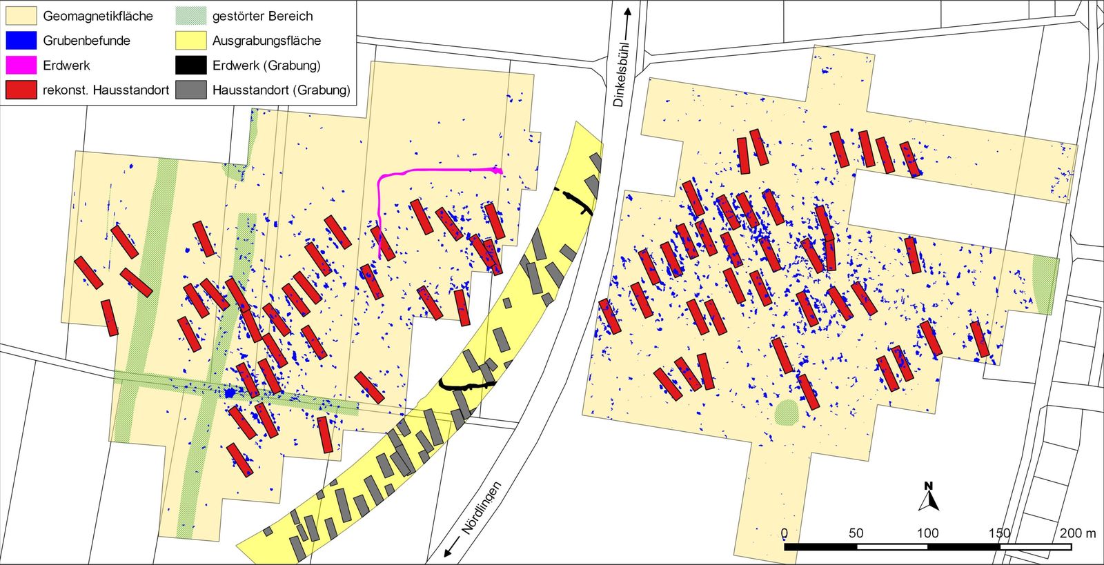 Wallerstein. Geomagnetisch prospektierte Fläche mit Umzeichnung der Grubenbefunde, des Erdwerkes sowie der rekonstruierten Hausstandorte.