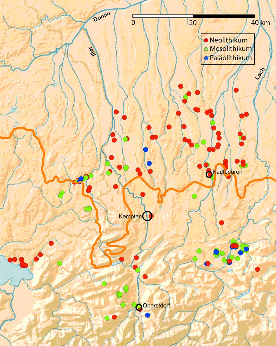 Kartierung chronologisch ansprechbarer steinzeitlicher Fundplätze im Allgäu.