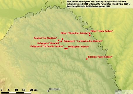 Detailansicht der prospektierten Fundplätze in der Nordostecke Rumäniens.