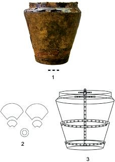 Prag Vinoř. Fürstengrab der Bylaner Kultur. 1 Situla aus Bronze, 2-3 Schema der Konstruktion des Gefäßes.