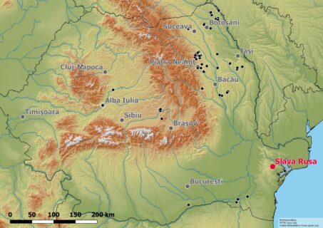 Lage von Slava Rusa mit Überblick über bisherige Fundstellen vergangener Kampagnen in Rumänien