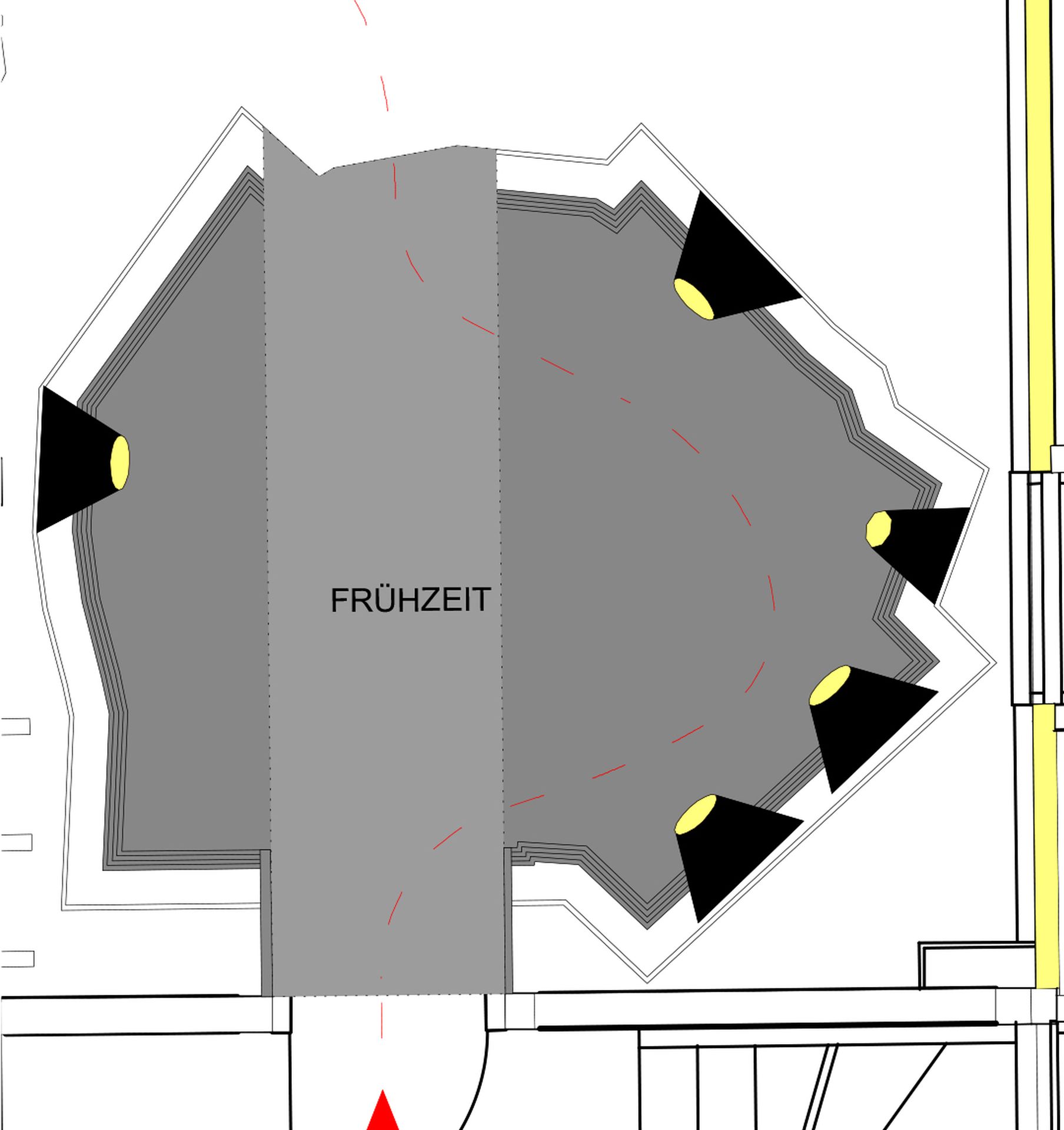 Grundriss des ersten, dunkel und höhlenartig gestalteten Raums der Dauerausstellung mit fünf kleinen „Gucklochvitrinen“.