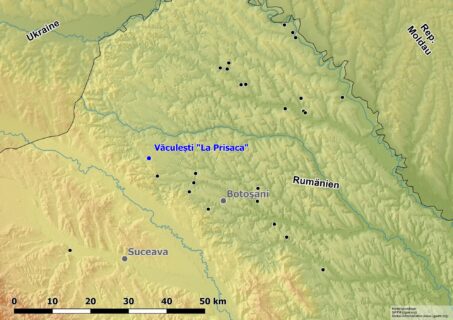 Das einzige Ziel der zweiten Hälfte der Kampagne: Văculești 'La Prisaca' am Nordwestende des Sitna-Tales (schwarze Punkte: bisher untersuchte Fundplätze).